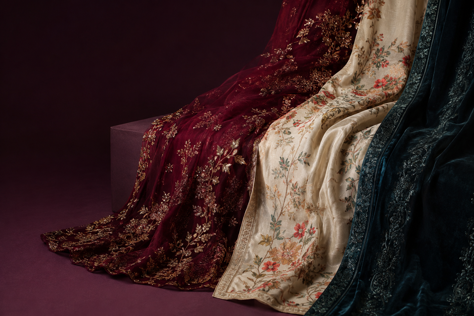 Embroidered, printed and velvet fabrics arranged in an atelier
